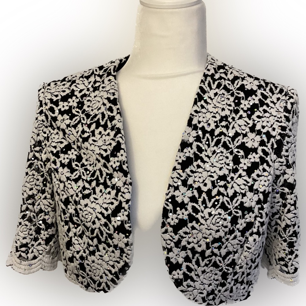 R&M Richards Shrug Black White Silver Short Sleeve Crop Bolero Sparkle Size 10
